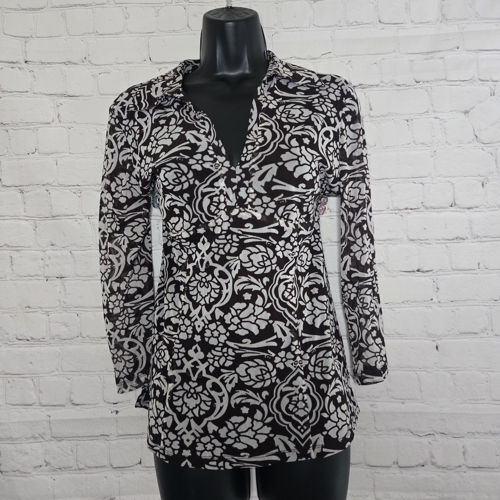 INC y2k brown paisley micro mesh retro collared blouse sz lg